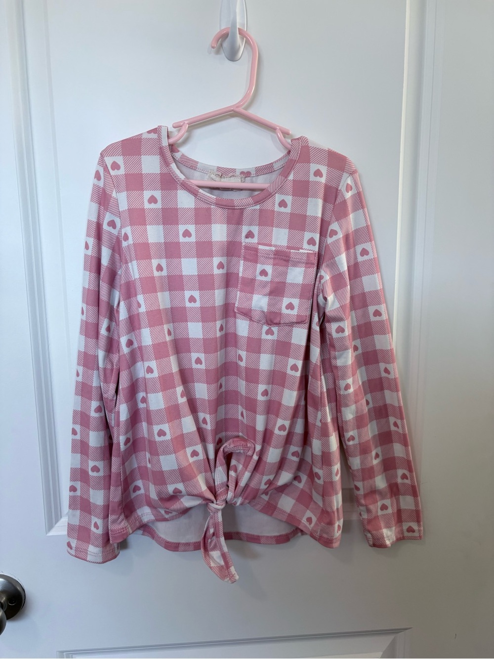 3/$10 - btween Pink Gingham Heart Print Tie-Front Long Sleeve Top